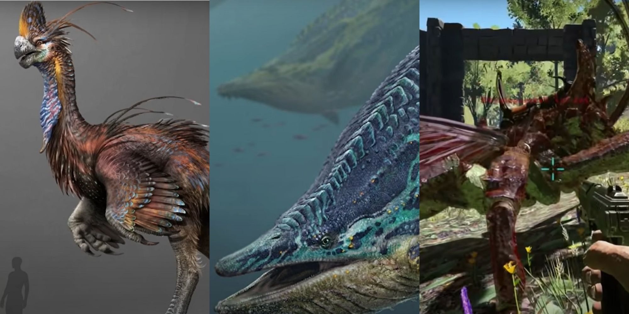 Ark Survival Ascended triple image showing creatures from the game