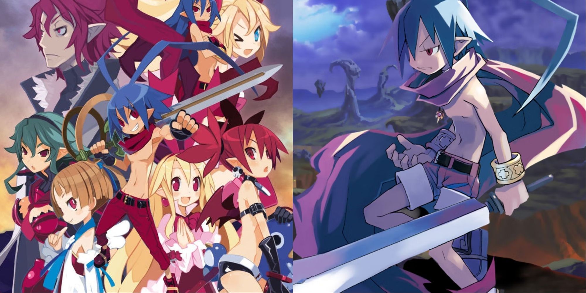 A collage showing the artwork of Disgaea D2 and Disgaea Infinite.