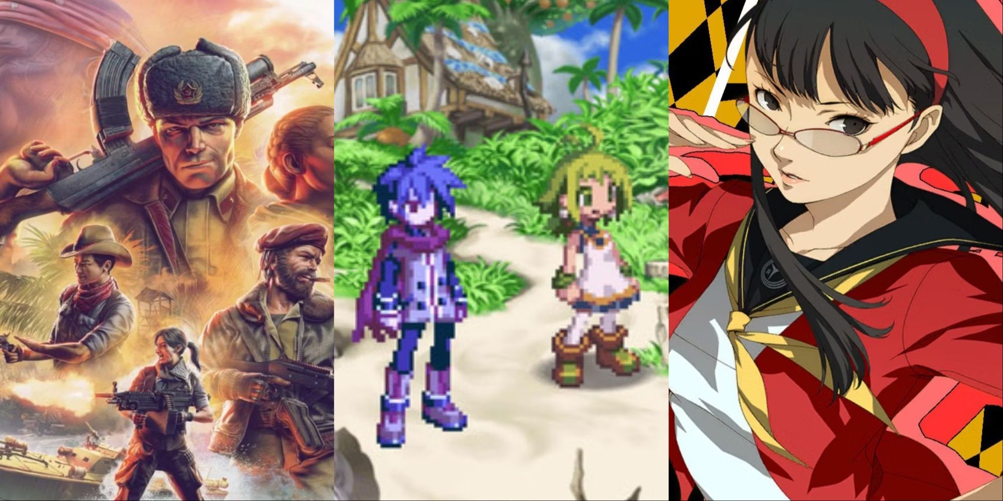 A collage showing art of Jagged Alliance 3, Phantom Brave, and Persona 4 Golden.