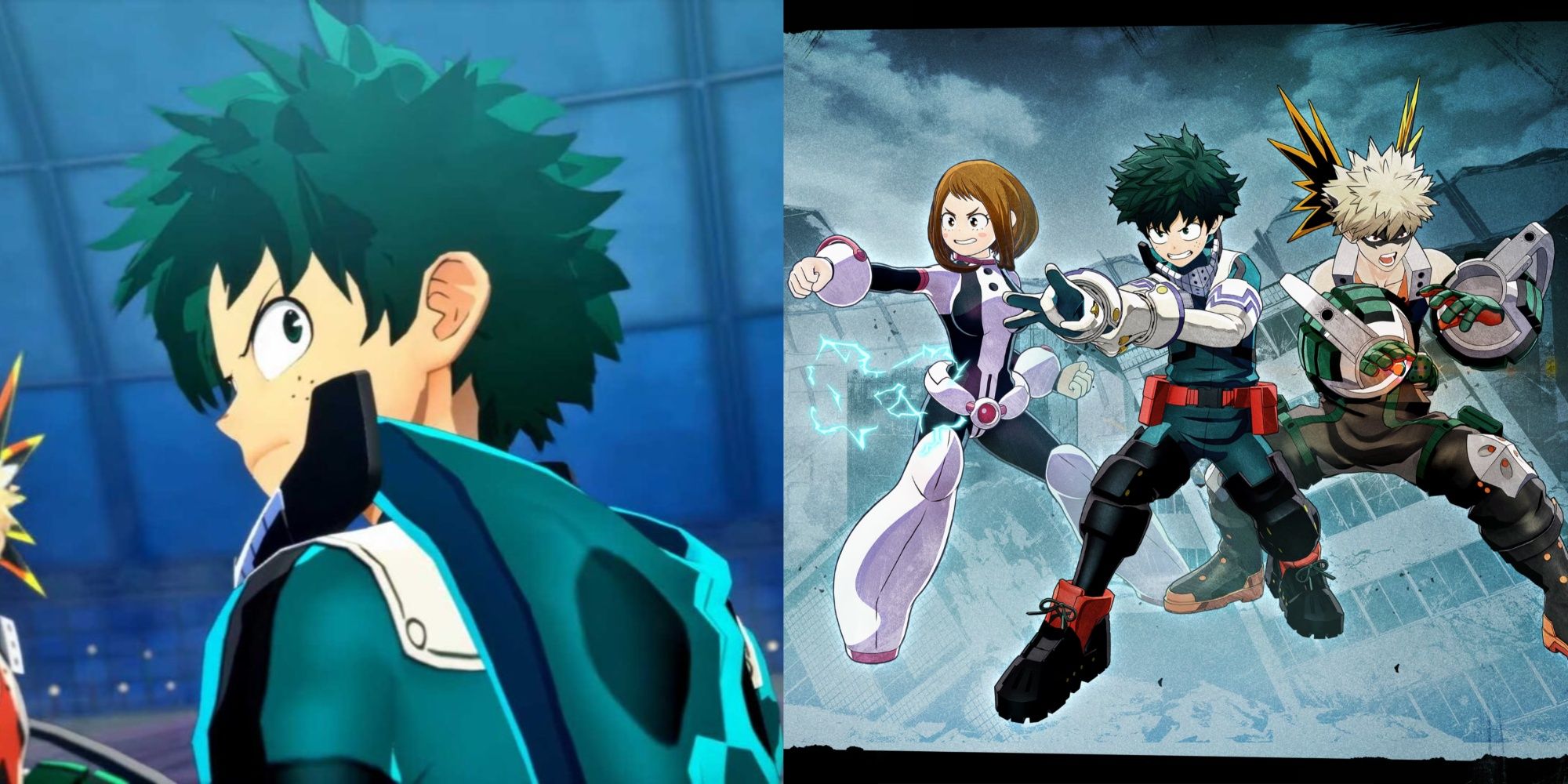 Collage of Midoriya with Uraraka and Bakugo in My Hero Ultra Rumble.