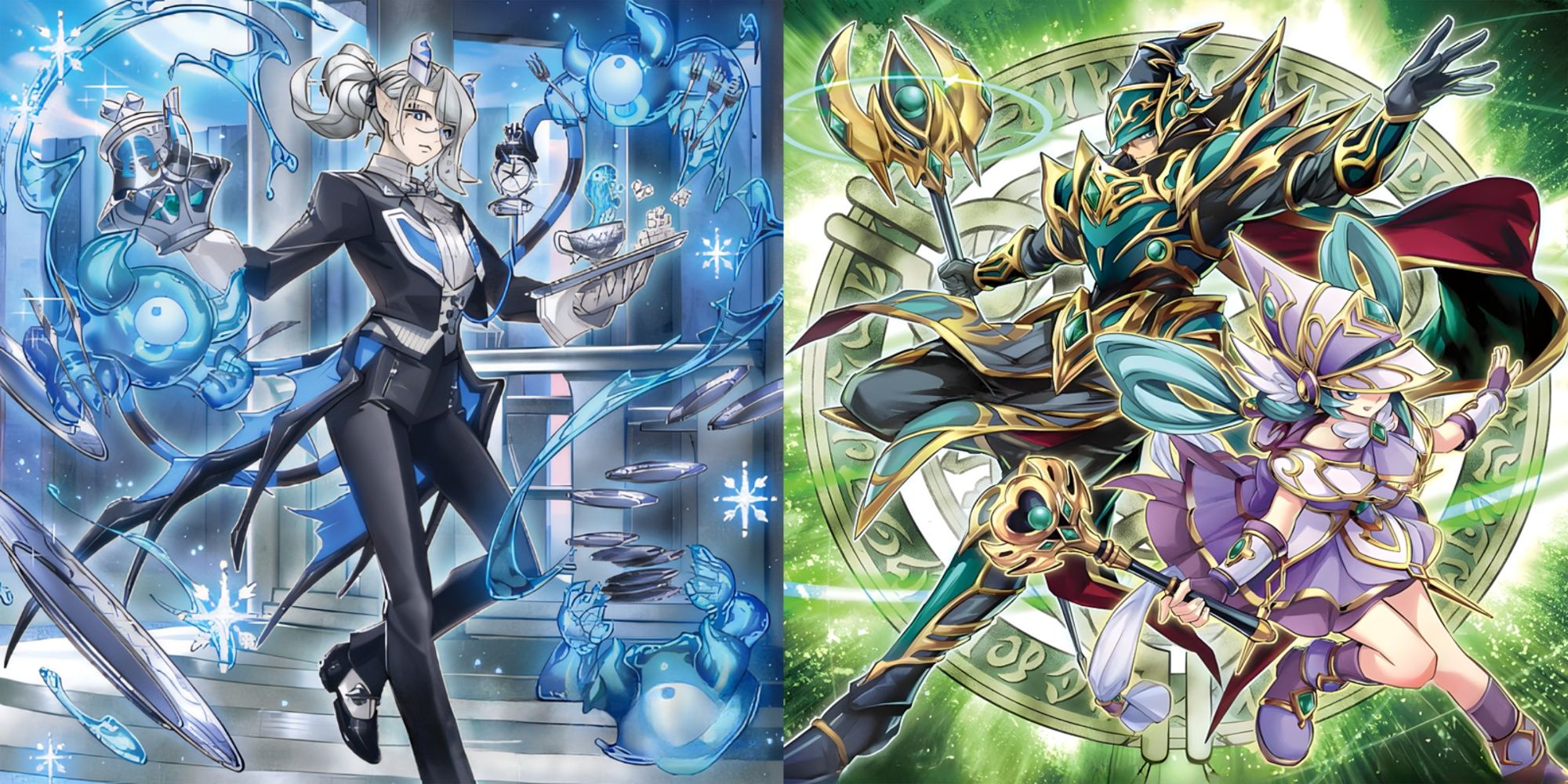 Yu-Gi-Oh! Card Full Art: Arias The Labrynth Butler (Left) and Magicians of Bond and Unity (RIght) 