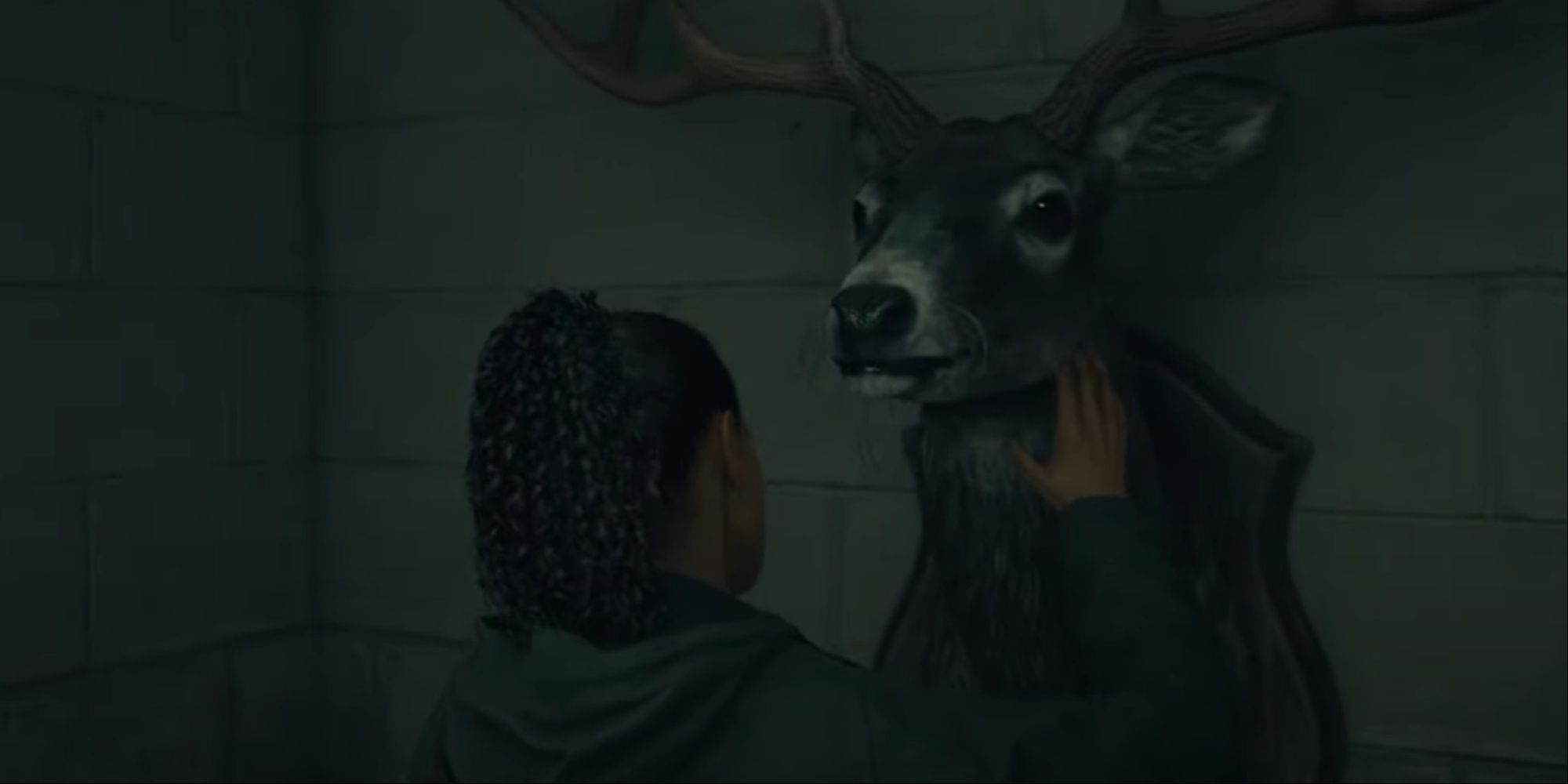 Saga gently petting the head of deer mounted on a wall as a hunter's trophy.
