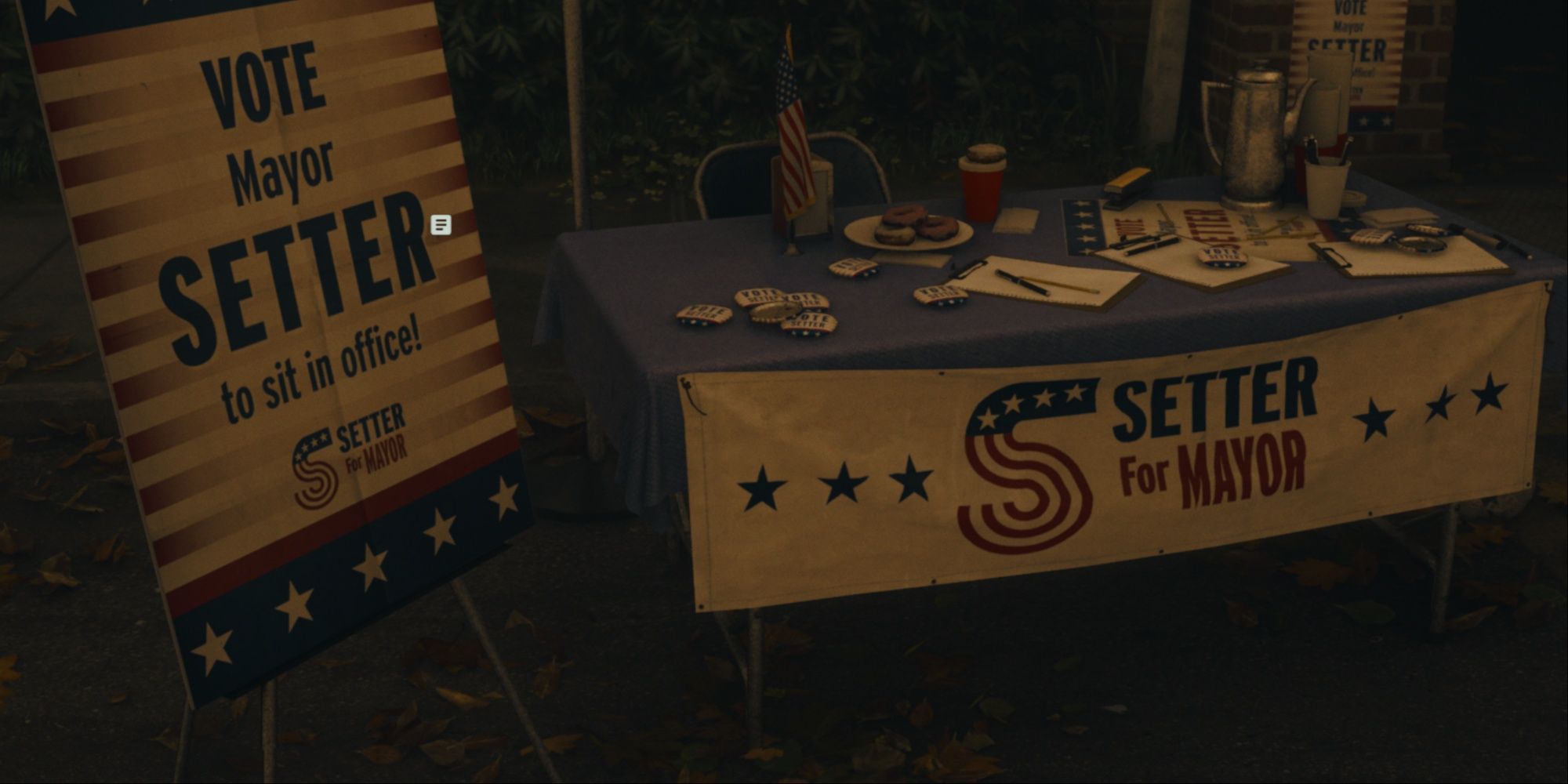 One of the campaign booth locations for mayoral candidate Setter, a poster saying 