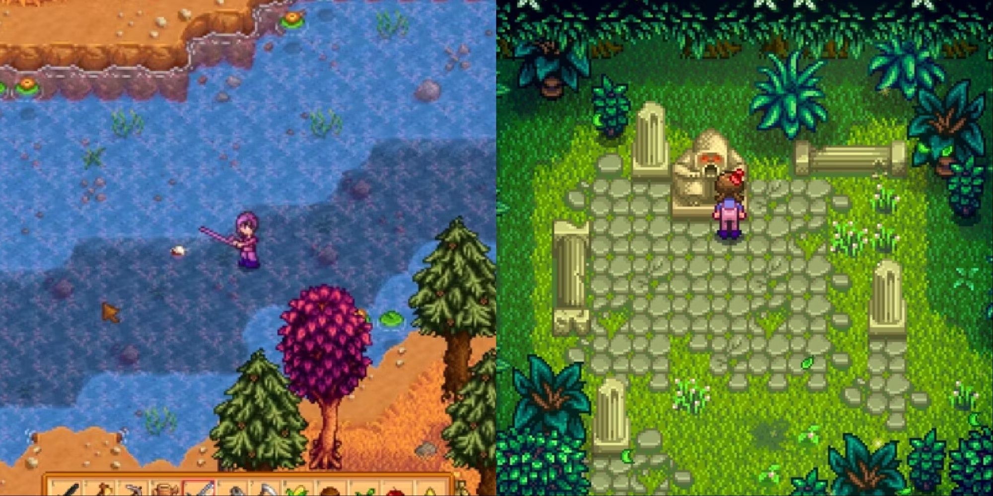 Stardew Valley fishing while standing in water and talking to the forest statue