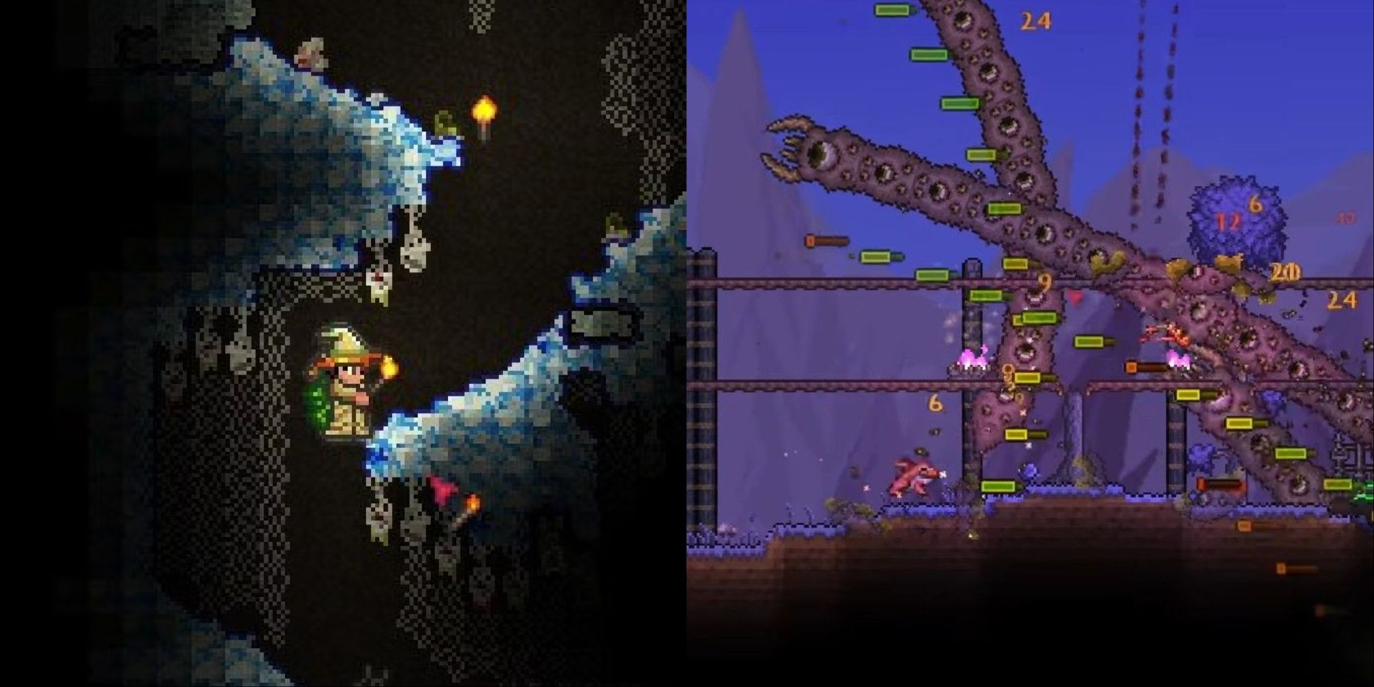 Split image of a little character in an underground cavern in Terraria with a boss fight above ground image