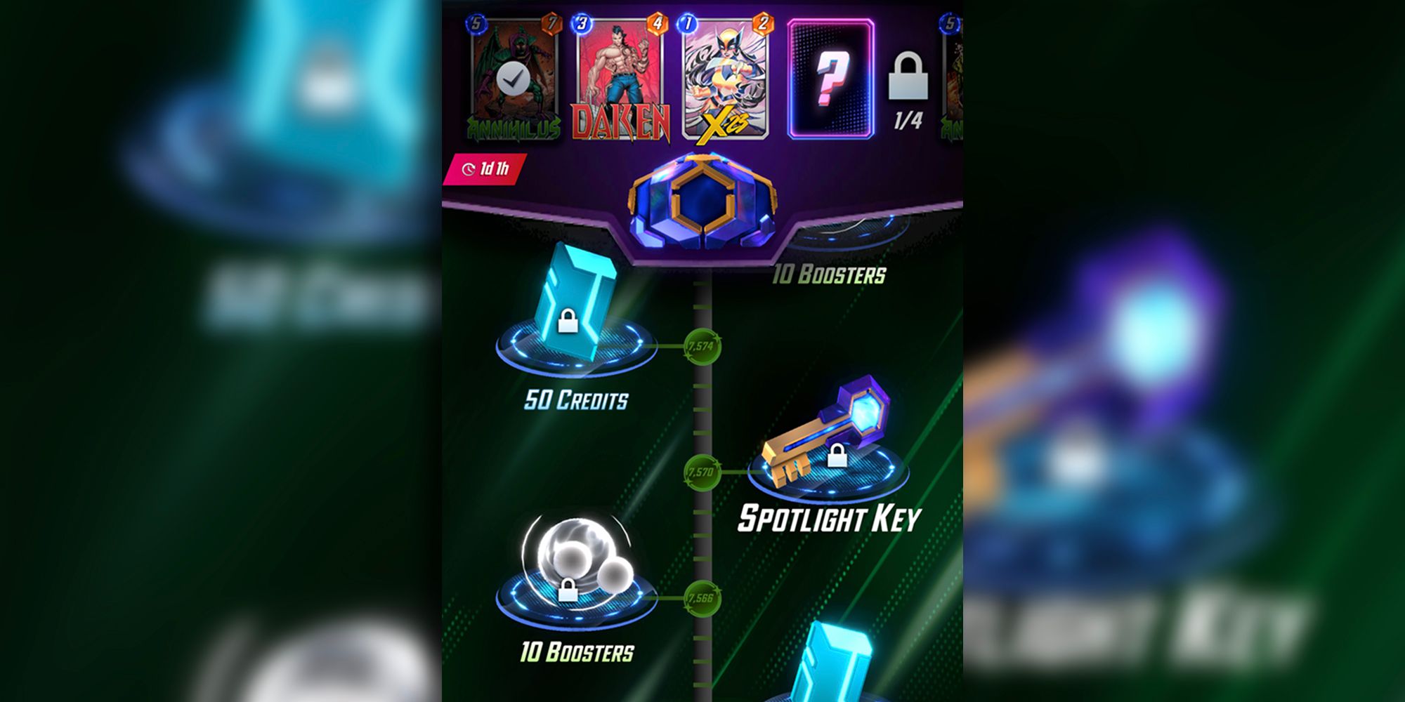 rewards for collection level including spotlight key, and the weekly cards in the spotlight cache
