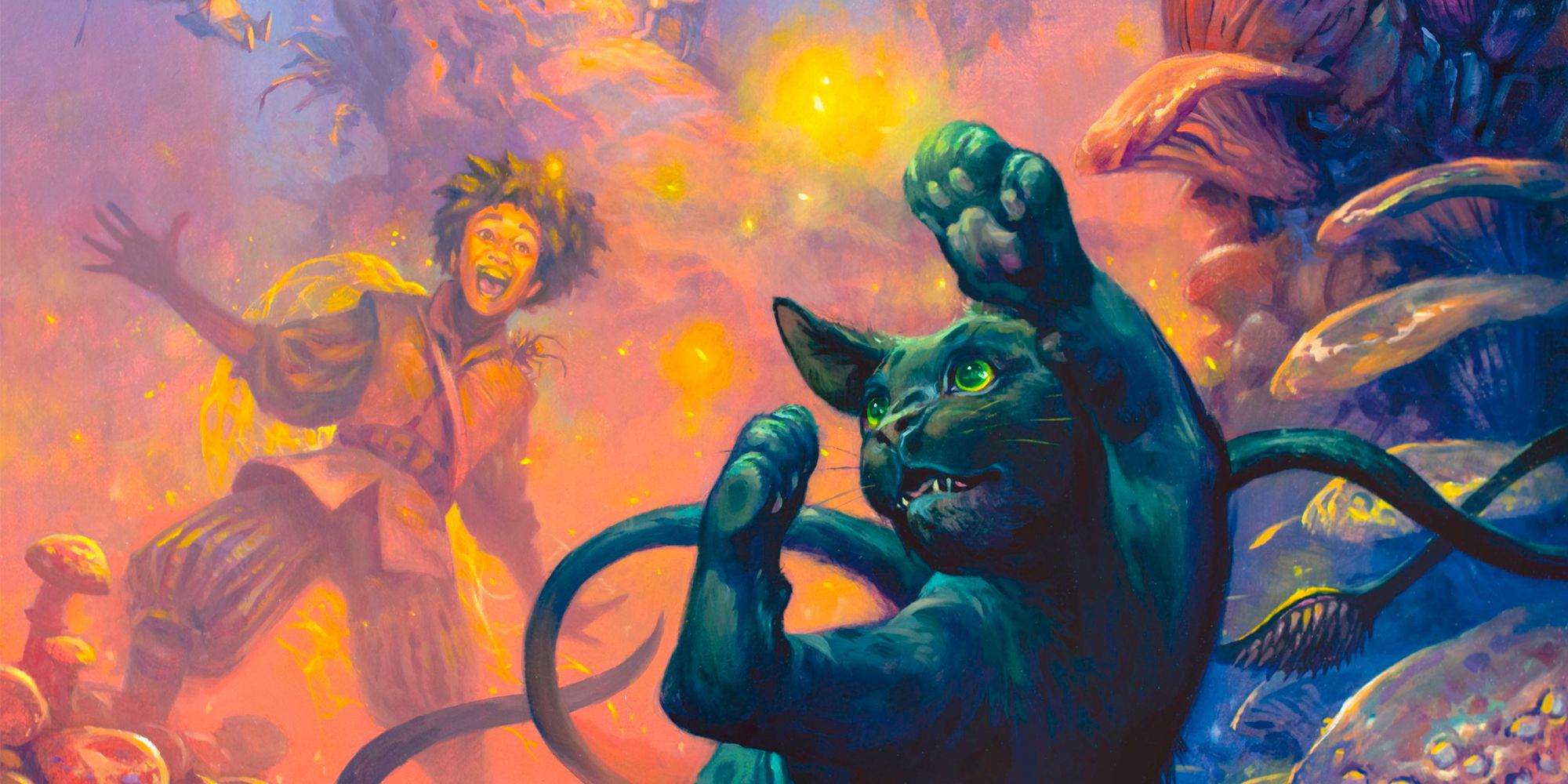 A displacer beast catches fireflies in the Feywild
