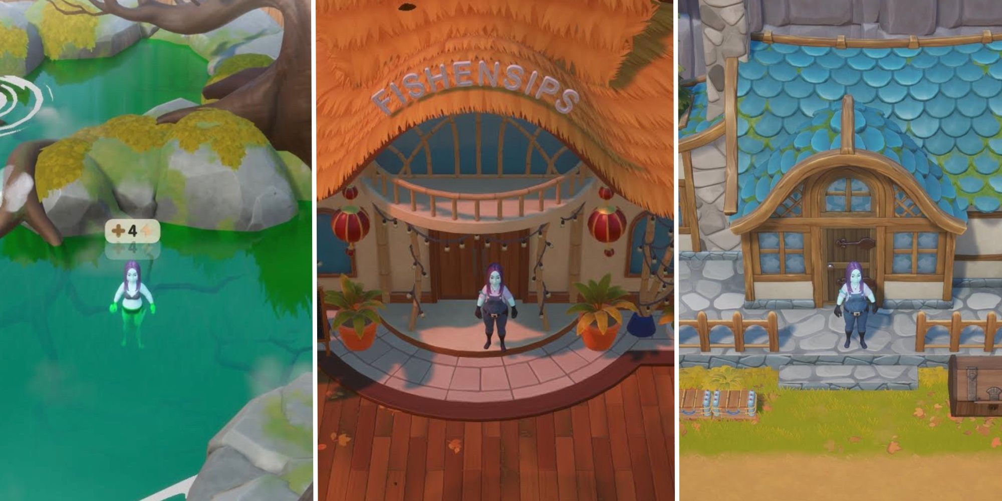 Coral Island avatar in center panel standing in the entrance to Fishensips, in the left panel avatar standing in the hot springs, and in the right panel avatar standing in front of their house to represent cooking food at home.