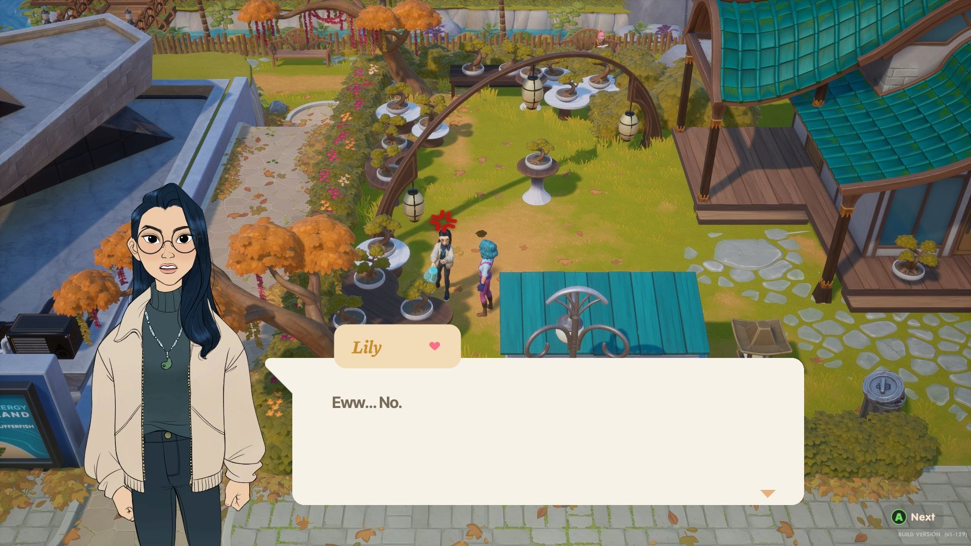 Coral Island character Lily with a dialogue box showing 