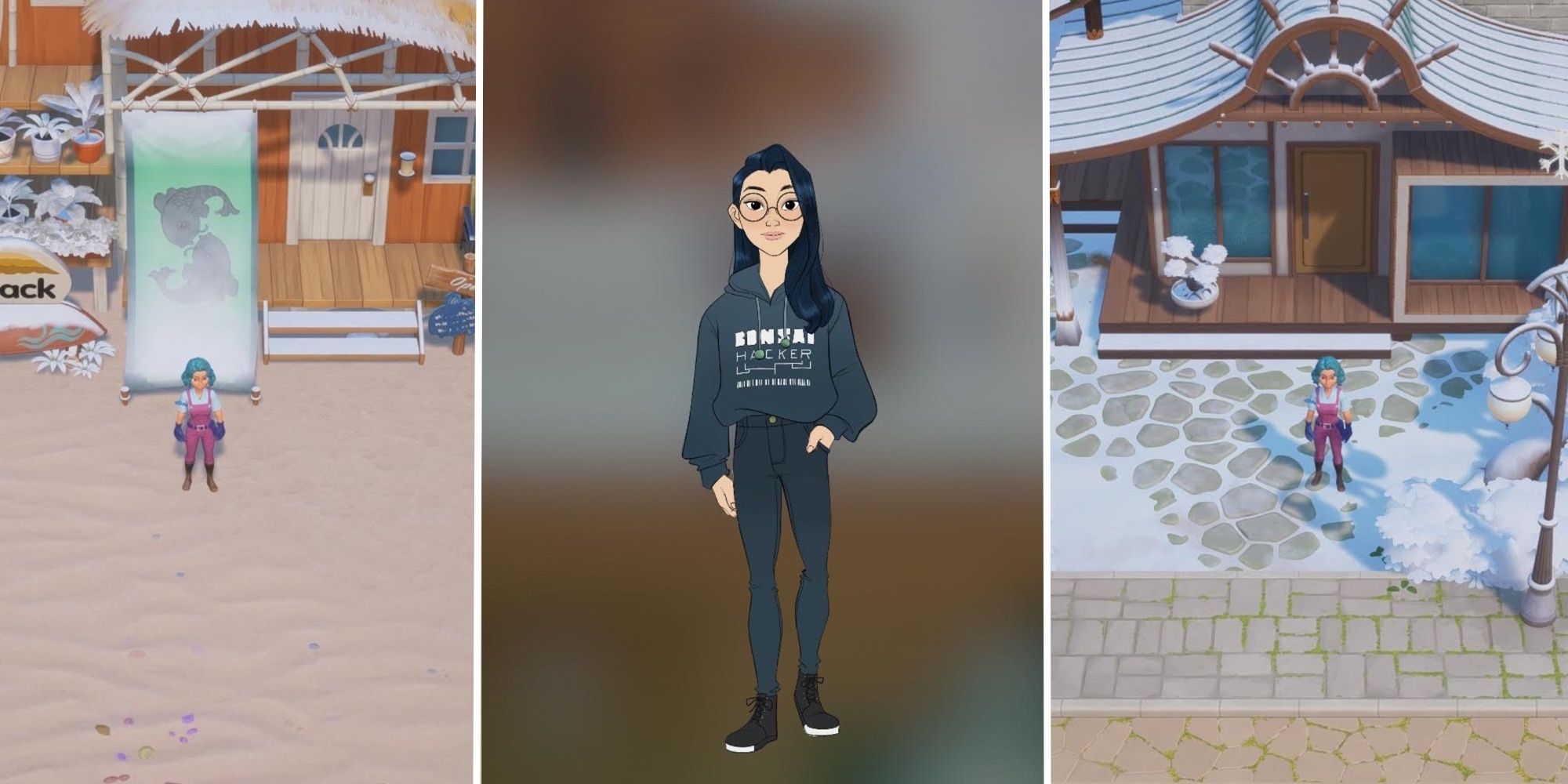 Coral Island character Lily with a blurred background in the center panel, a picture of the beach shack with an avatar standing in front of it in the left panel, and an avatar standing in front of Lily's home in the right panel. The different locations show where some of the heart events for relationship levels begin. 