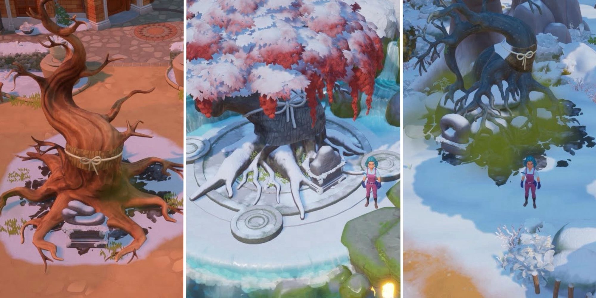 Coral Island avatar standing next to a large tree with red leaves in the center panel. In the right panel, the avatar is standing next to a different tree with a green mist cloud surrounding the base of the tree. In the left panel, is another tree with a building just visible in the top of the image behind it. 