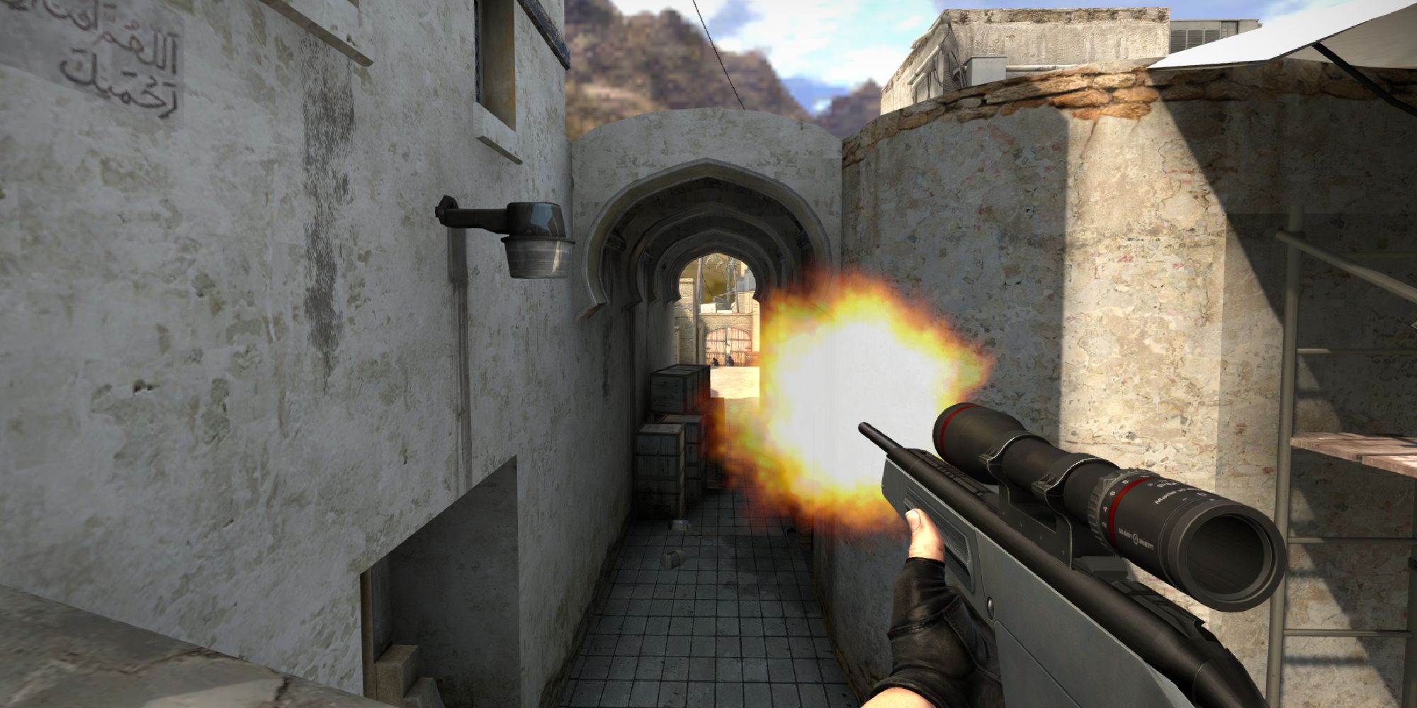 Counter-Strike Global Offensive mod showing a remade Scoutg firing down the middle of Dust 2