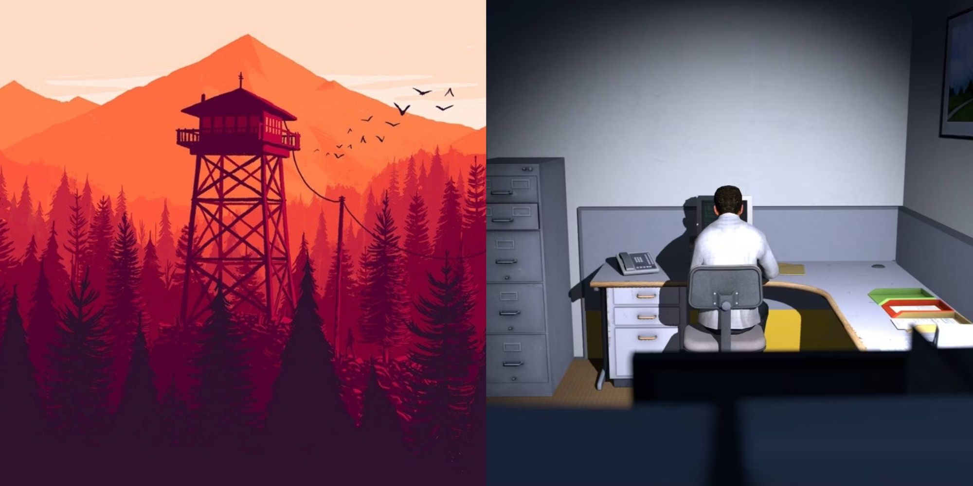 Cover art for Firewatch and promo screenshot of The Stanley Parable