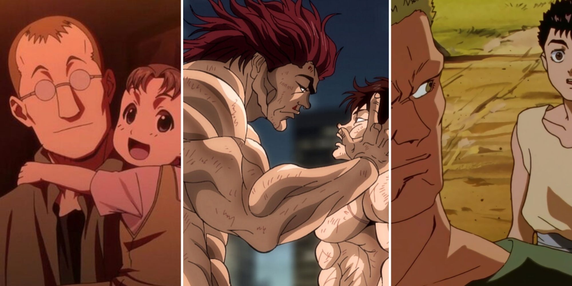 A collage of the dads from Full Metal Alchemist, Grappler Baki, and Berserk