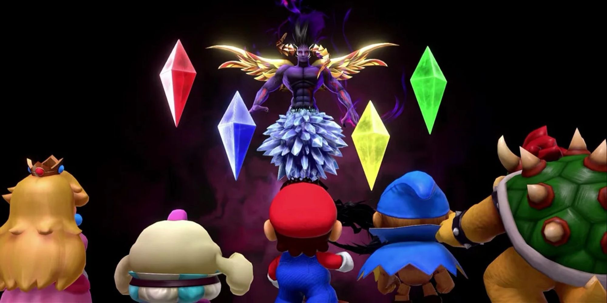 Culex 3D from Super Mario RPG in front of Geno, Peach, Mallow, Bowser, and Mario