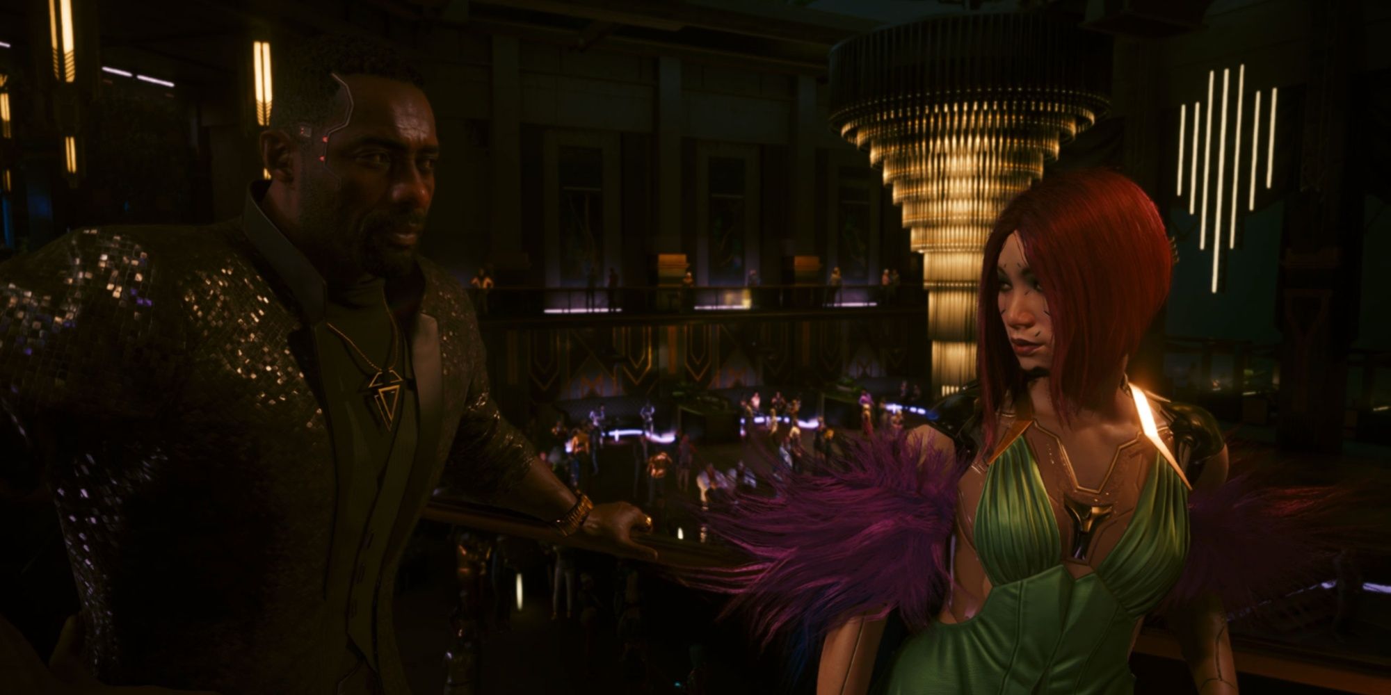 Cyberpunk 2077 Phantom Liberty's Solomon Reed and Songbird at a party