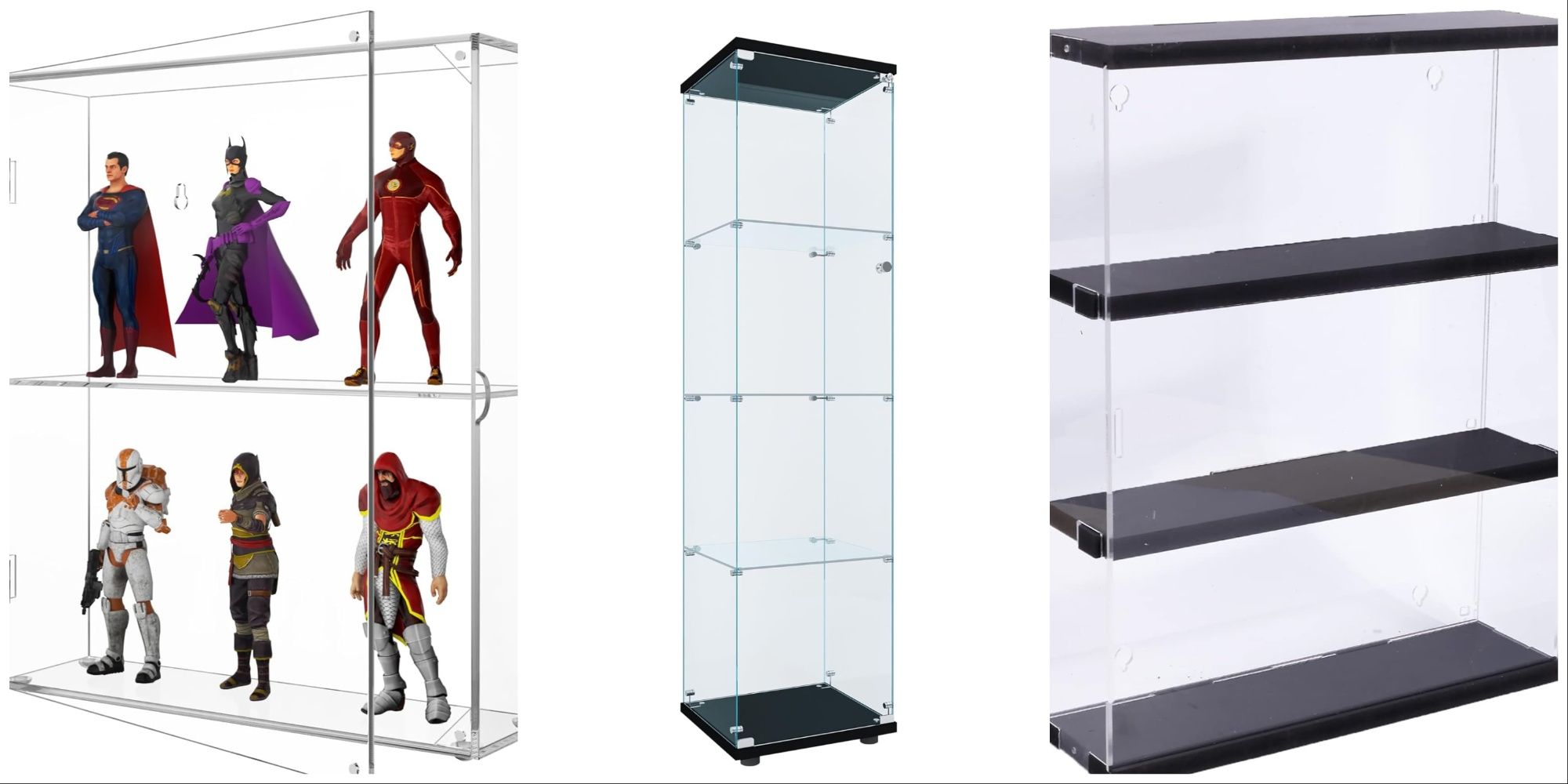 An image with three display cases split into vertical columns. The left is a two-tiered display with action figures, the center a tall three-tiered display, and the right a wide three-tiered display.