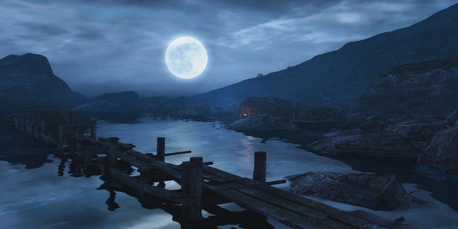 Docks along the shore at night with full moon dear esther
