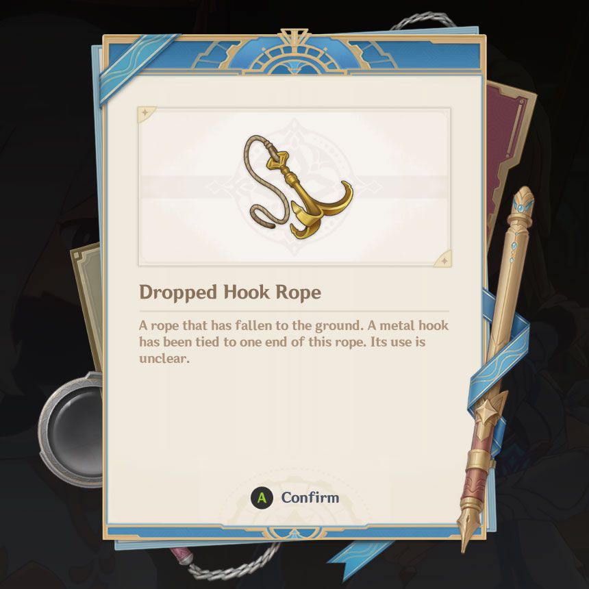 An image depicting a notebook page with key information about the Dropped Hook Rope, a clue in Lyney's case in Genshin Impact.
