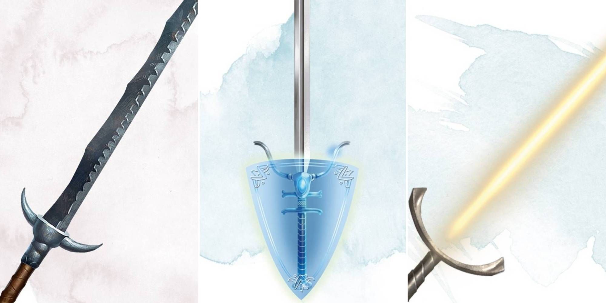 Un collage di immagini che mostrano una spada oscura, una spada con uno scudo illusorio sull'elsa e una lama luminosa.
