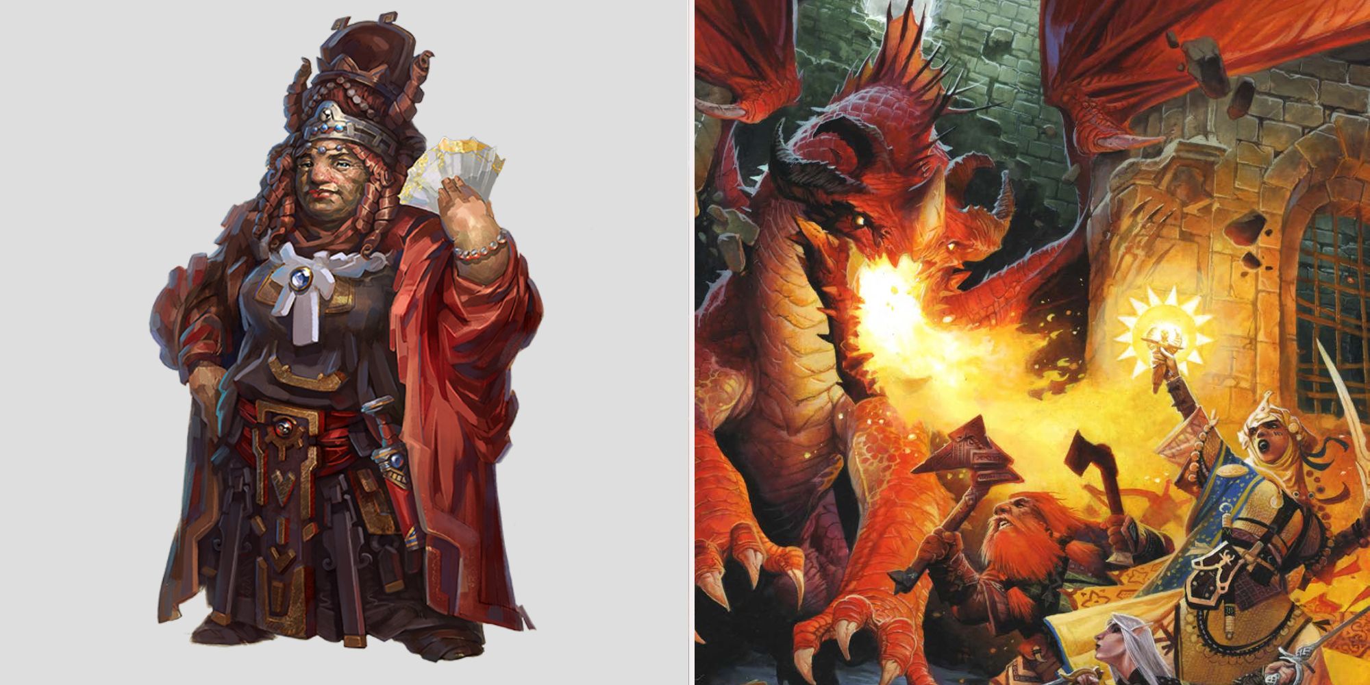 On the left a lady dwarf in robes and a crown, on the right a battle between a red dragon and a party of adventurers including a human, a dwarf, and an elf.