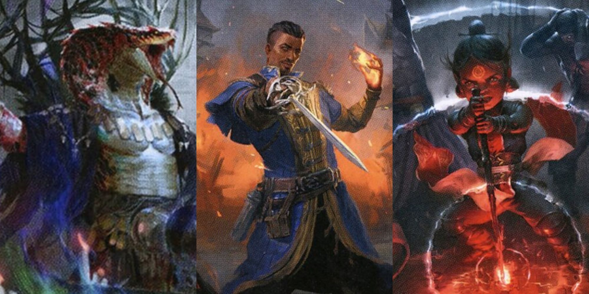 A collage of Dungeons & Dragons warlocks: a Yuan-ti, a human, and a gnome, casting magic.