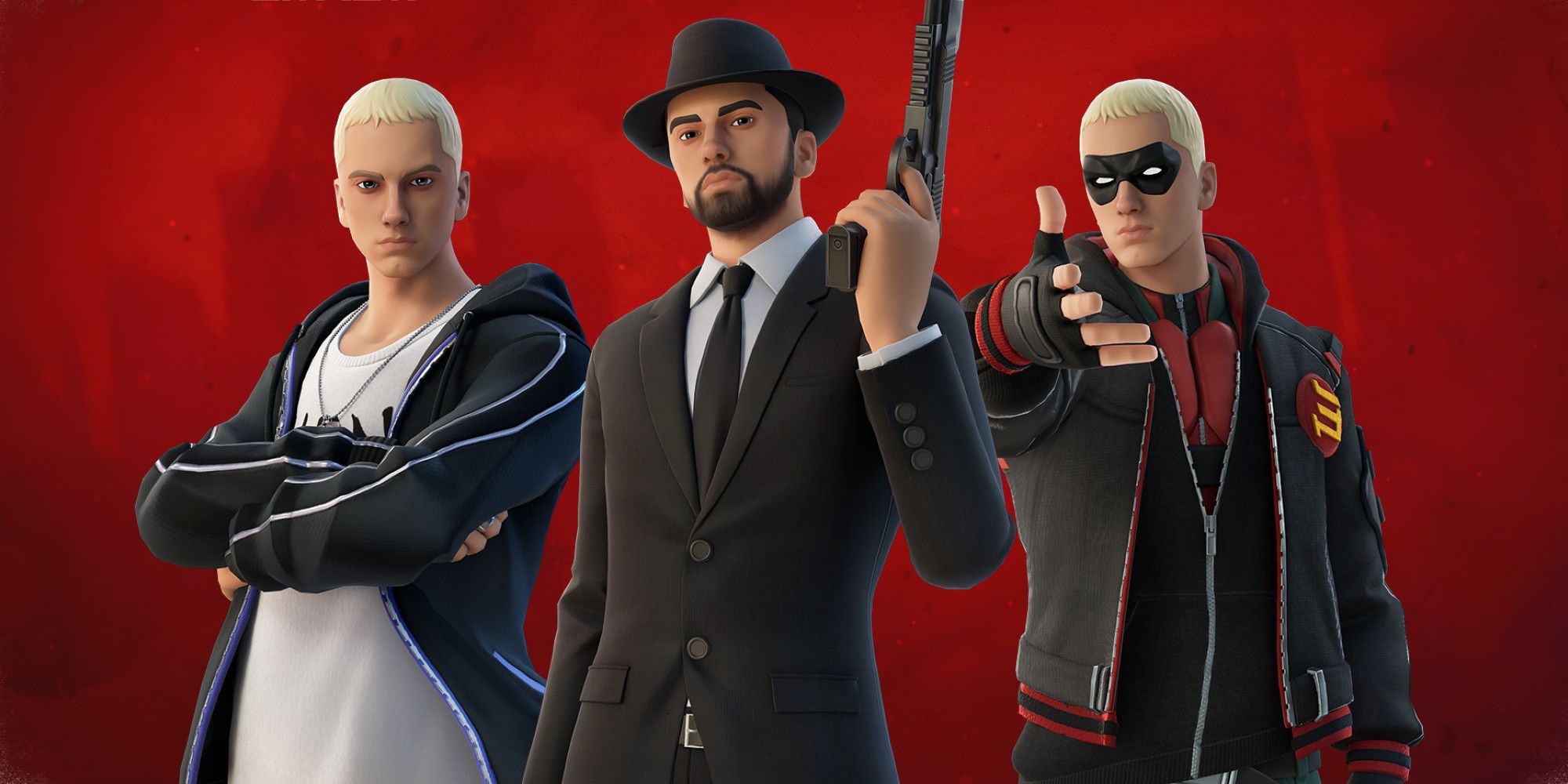 Eninem in Fortnite as Slim Shady, Robin Hood, and wearing a suit