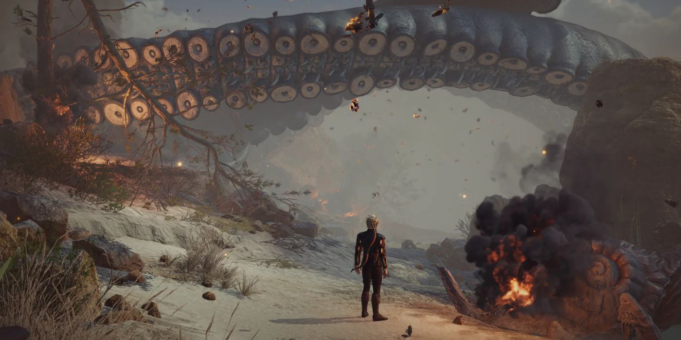 Player Character on Beach Underneath Burning Wreckage