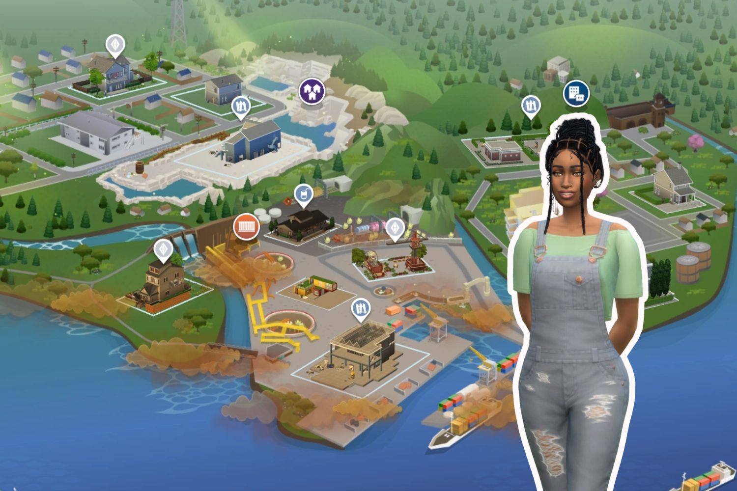 In overalls and a green tee shirt, the feminine Sim stands against a map of Evergreen Harbor.