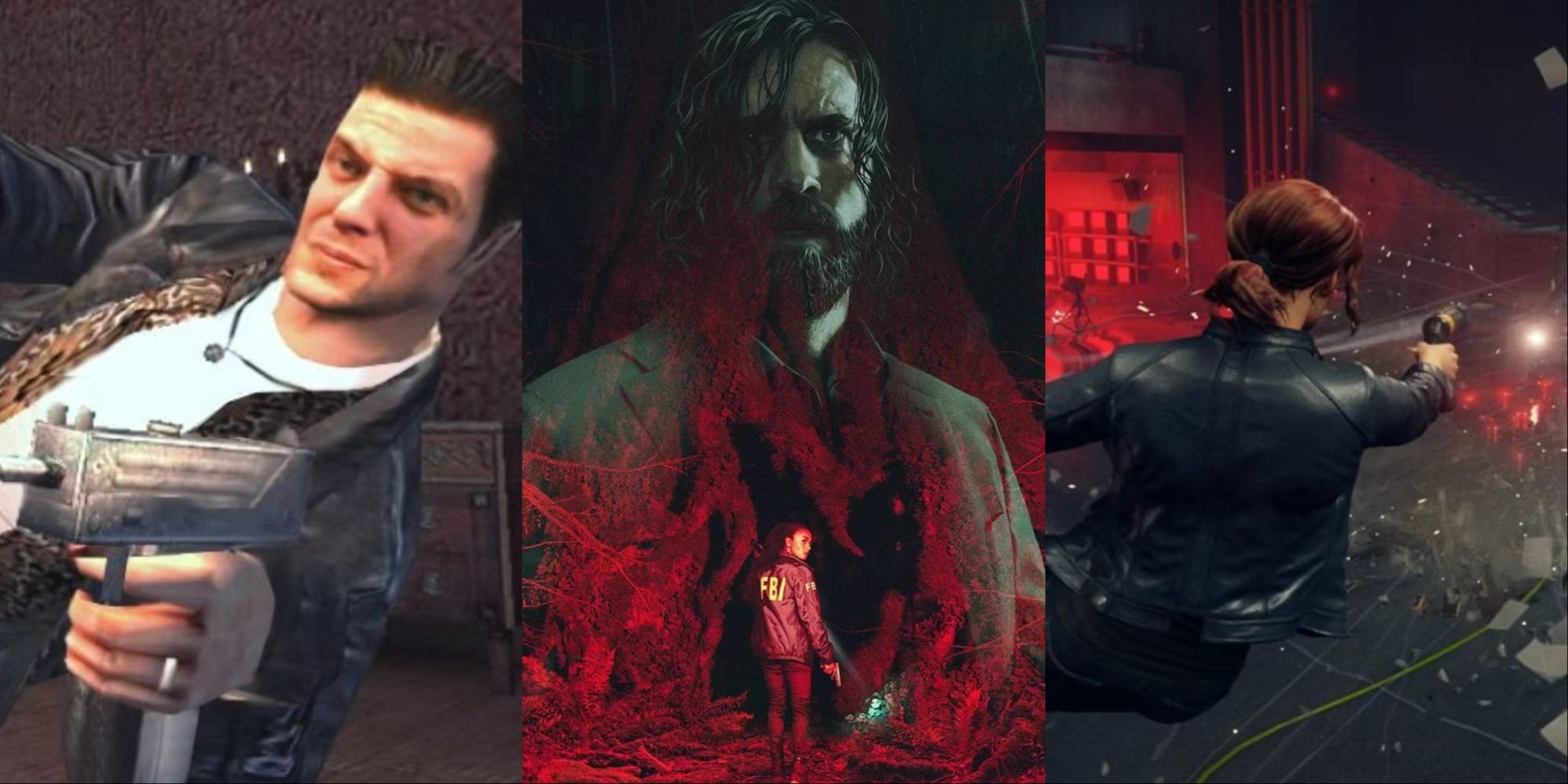 Collage image of Max Payne, Alan Wake 2, and Control.