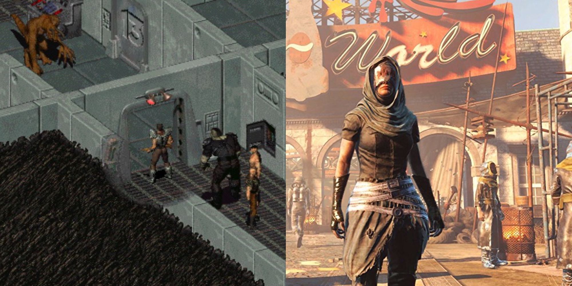 Eine Collage zeigt einen Protagonisten mit drei Gruppenmitgliedern, die im linken Bild eine Tür vor einem Biest öffnen (Fallout 2), und auf dem rechten Bild eine vermummte weibliche Figur, die Sie ansieht (Fallout 4).