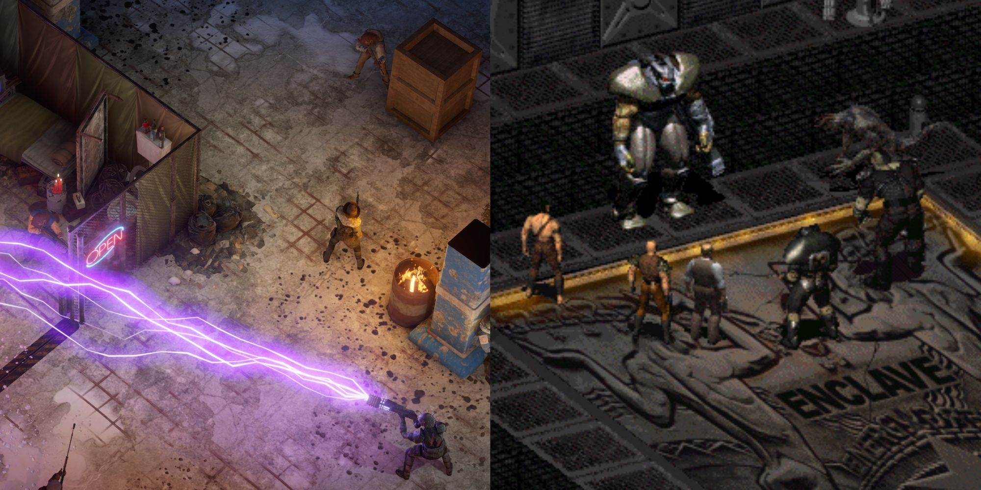A collage showing gameplay of Fallout 2 on the left, and gameplay of Wasteland 3 on the right.