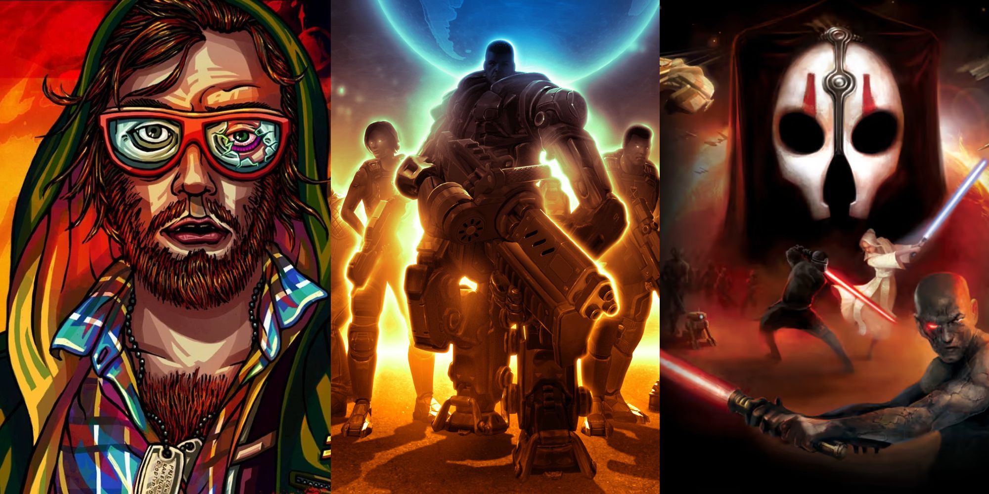 A split Image of Hotline Miami 2, XCOM: Enemy Unknown, Knights of the Old Republic 2.