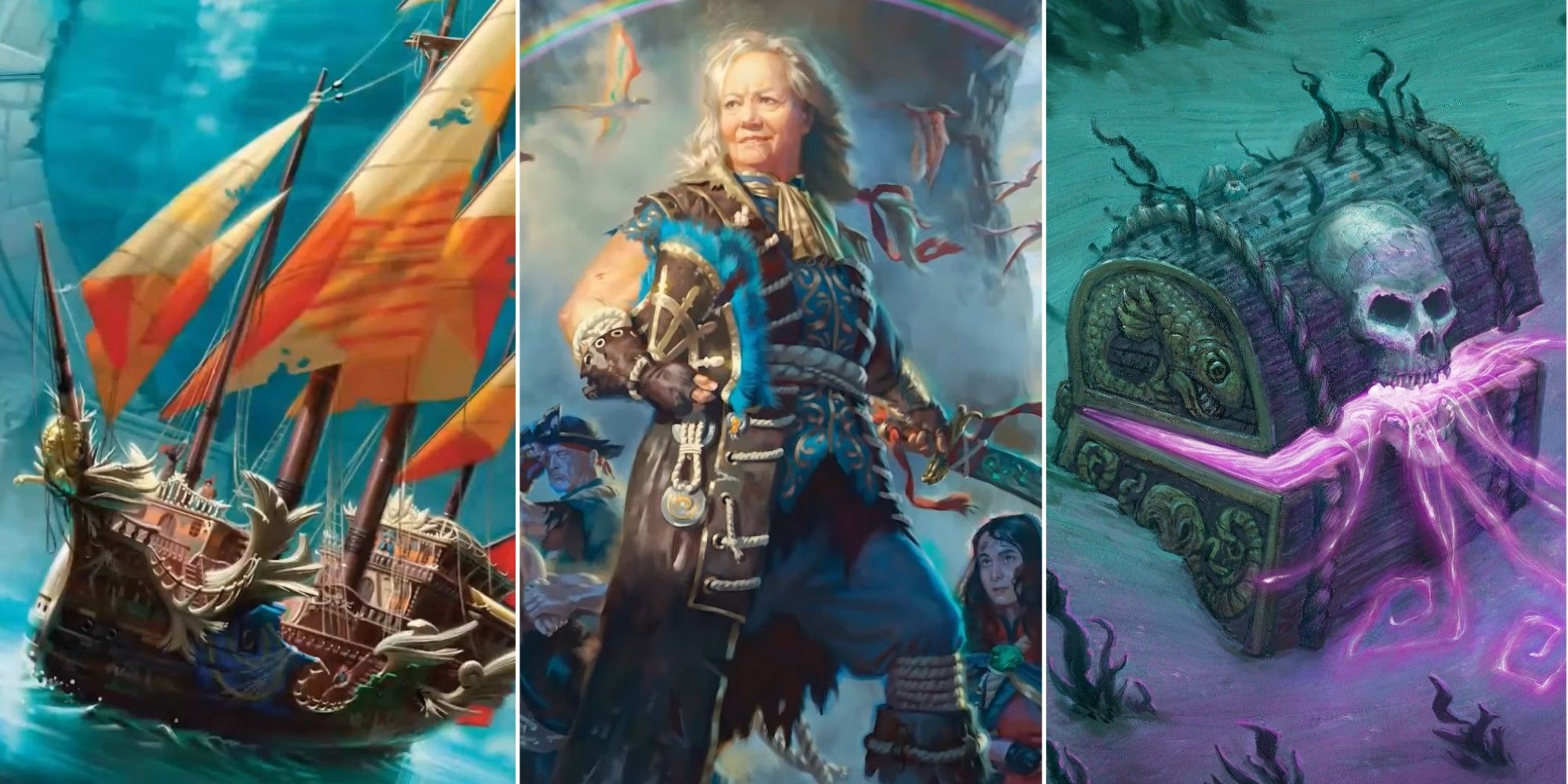 Artwork from three different cards from The Lost Caverns of Ixalan's Ahoy Mateys Commander Deck in Magic: The Gathering