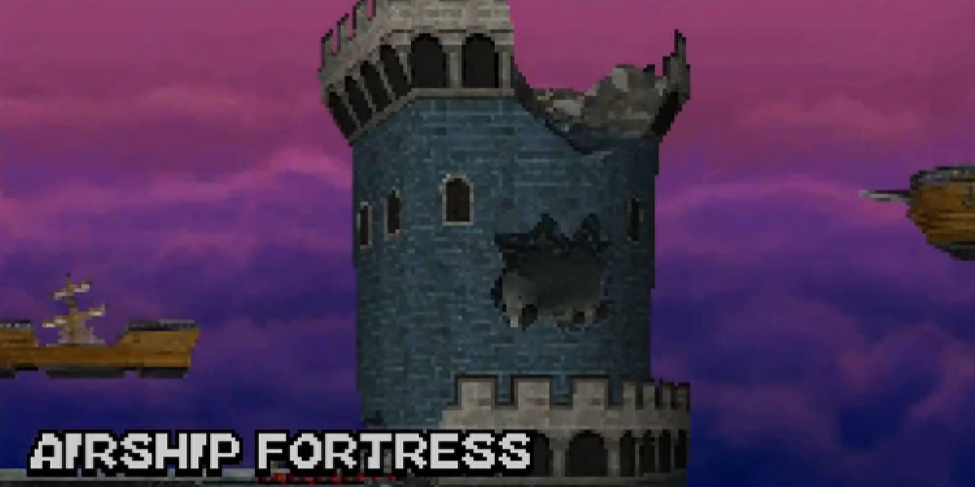 mario kart ds airship fortress course overview broken tower and purple sky