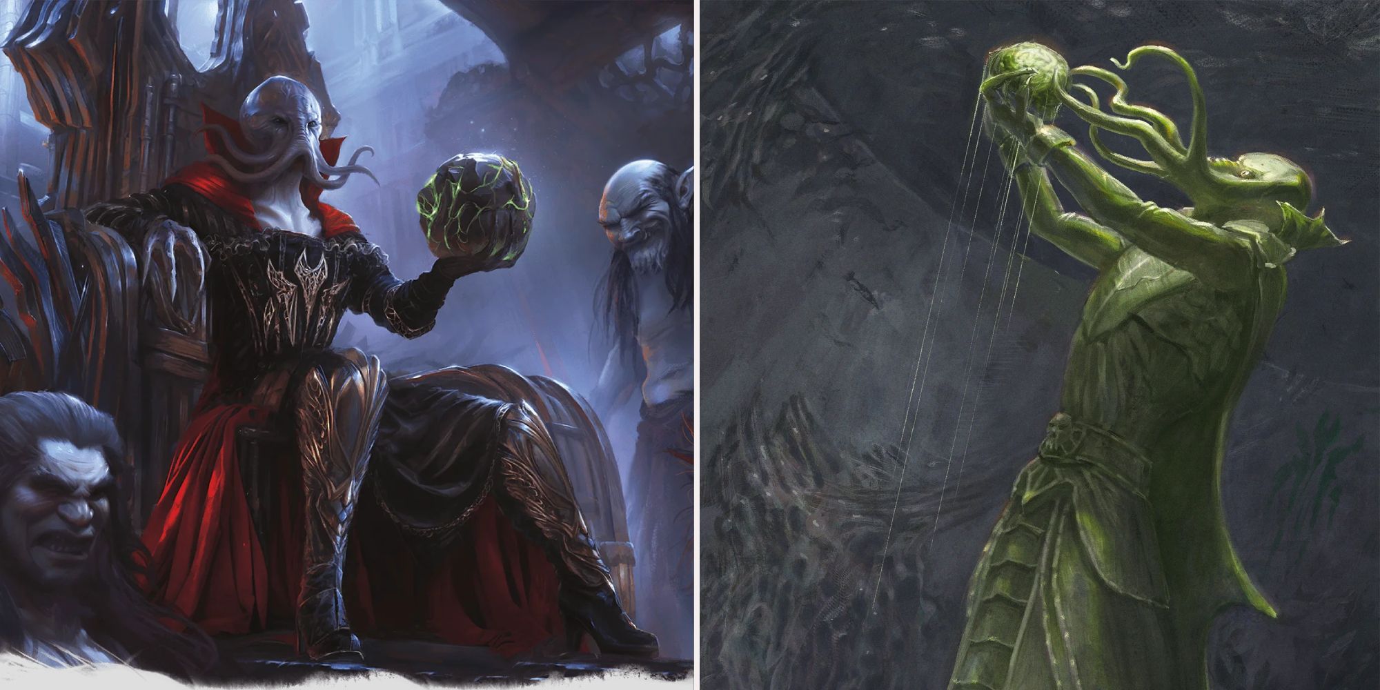 DND Feature Image where left has Mind Flayer on throne and right is Mind Flayer statue, with both holding a Mind Crystal