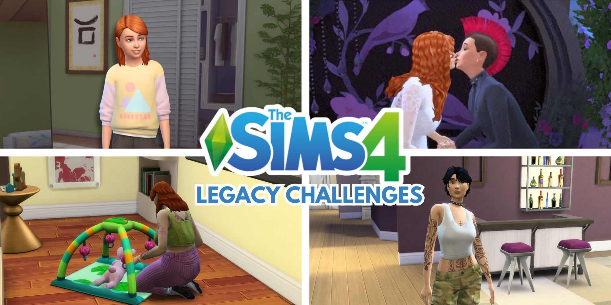 Four pictures are laying in a grid formation. In the upper left, a small child Sim with red hair smiles. In the next photo, the adult version of that Sim is getting married. In the following photo, the red-haired Sim sits as she watches over her baby. In the fourth and final photo, a dark haired androgynous Sim stands in a bar, appearing to be the grown child of the original Sim. Overlaying the photos is the Sims 4 logo, following by the words 
