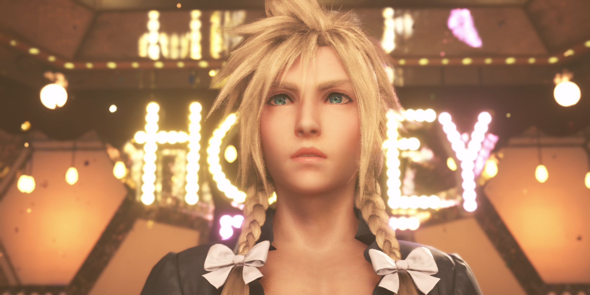 Cloud in his worst possible dress in Final Fantasy 7 Remake.