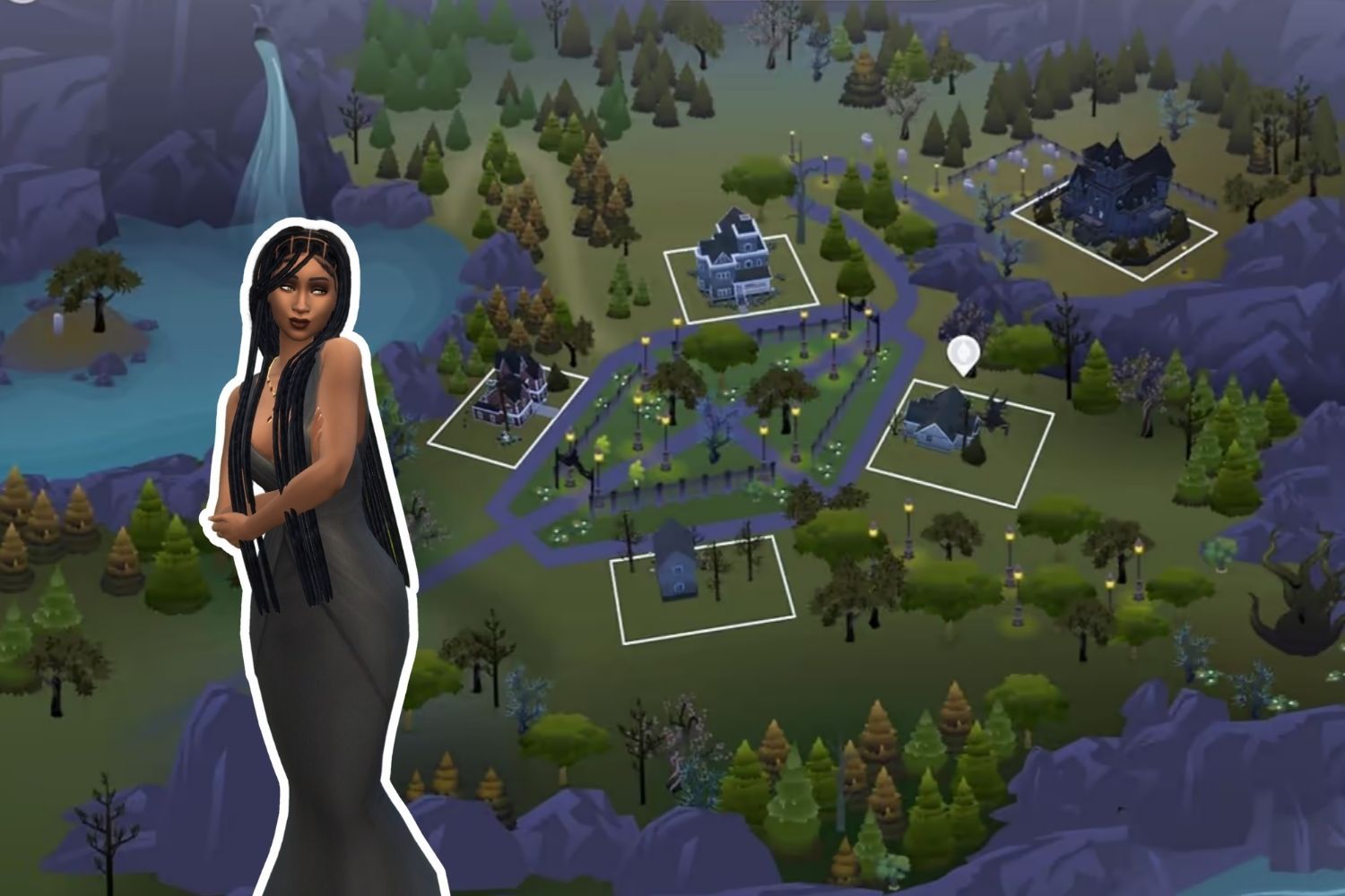 In a black formal dress and dark makeup, the Sim we have seen in the other photos has a sultry look as she stands against a map of Forgotten Hollow.