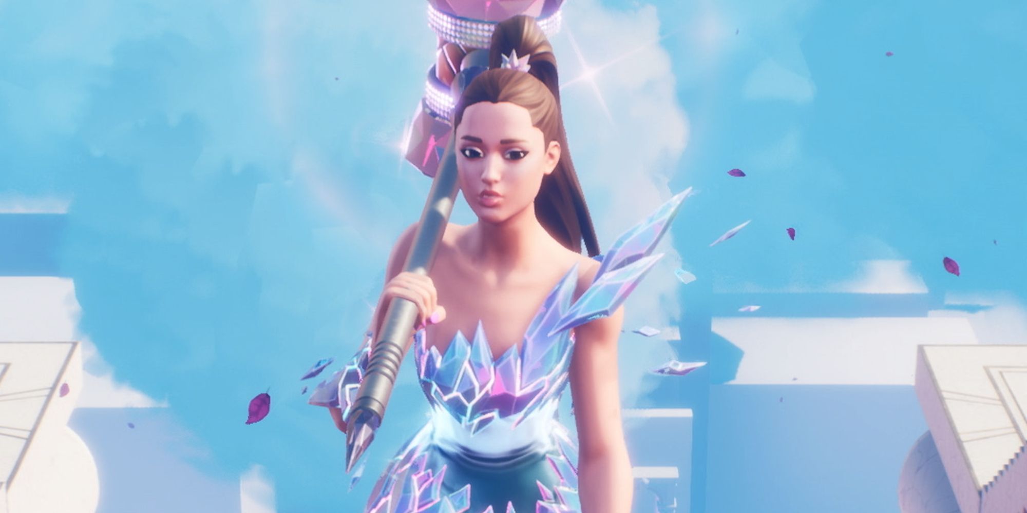 The Ariana Grande collab Fortnite image features her in a glowing dress made of crystals.