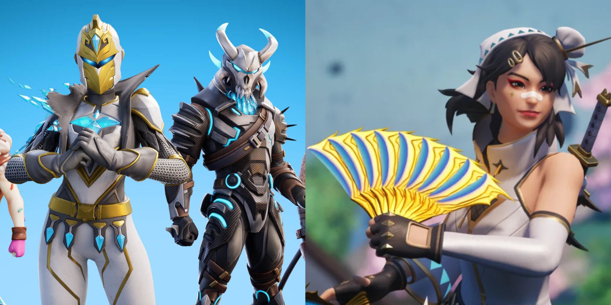 ein geteiltes Bild von Fortnite, das zwei Charaktere aus dem Fortnite OG Battle Pass zeigt, und Era mit der goldenen Version der Breaking Waves-Spitzhacke.