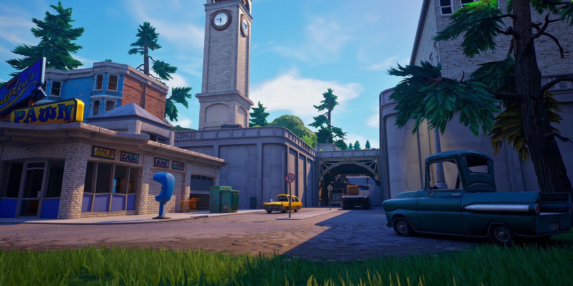 An image from Fortnite Chapter 4 Season 5 of the Tilted Towers POI, which features a town made up of two prominent towers.