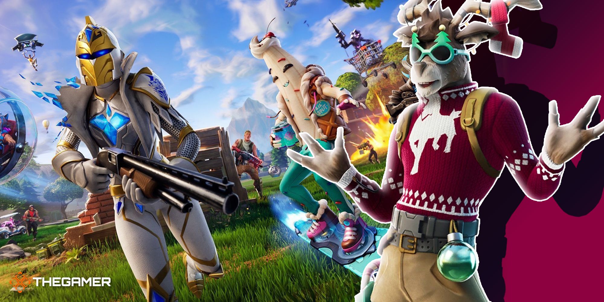 fortnite characters from the latest season and a reindeer from the game smiling and shrugging