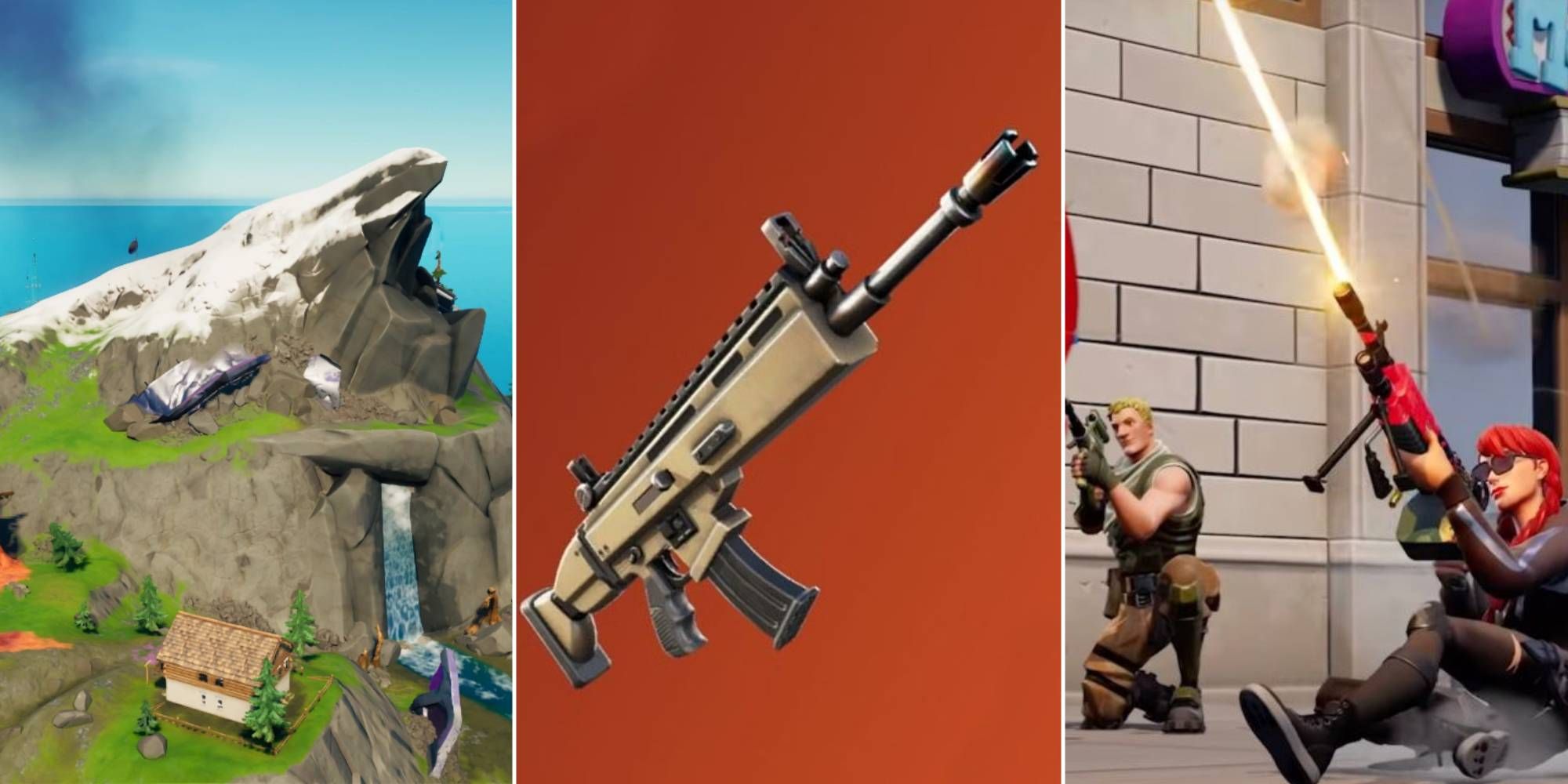 A tall mountain in Fortnite, one of Fortnite's assault rifles, and two players sliding while shooting their weapons in Fortnite Zero Build.