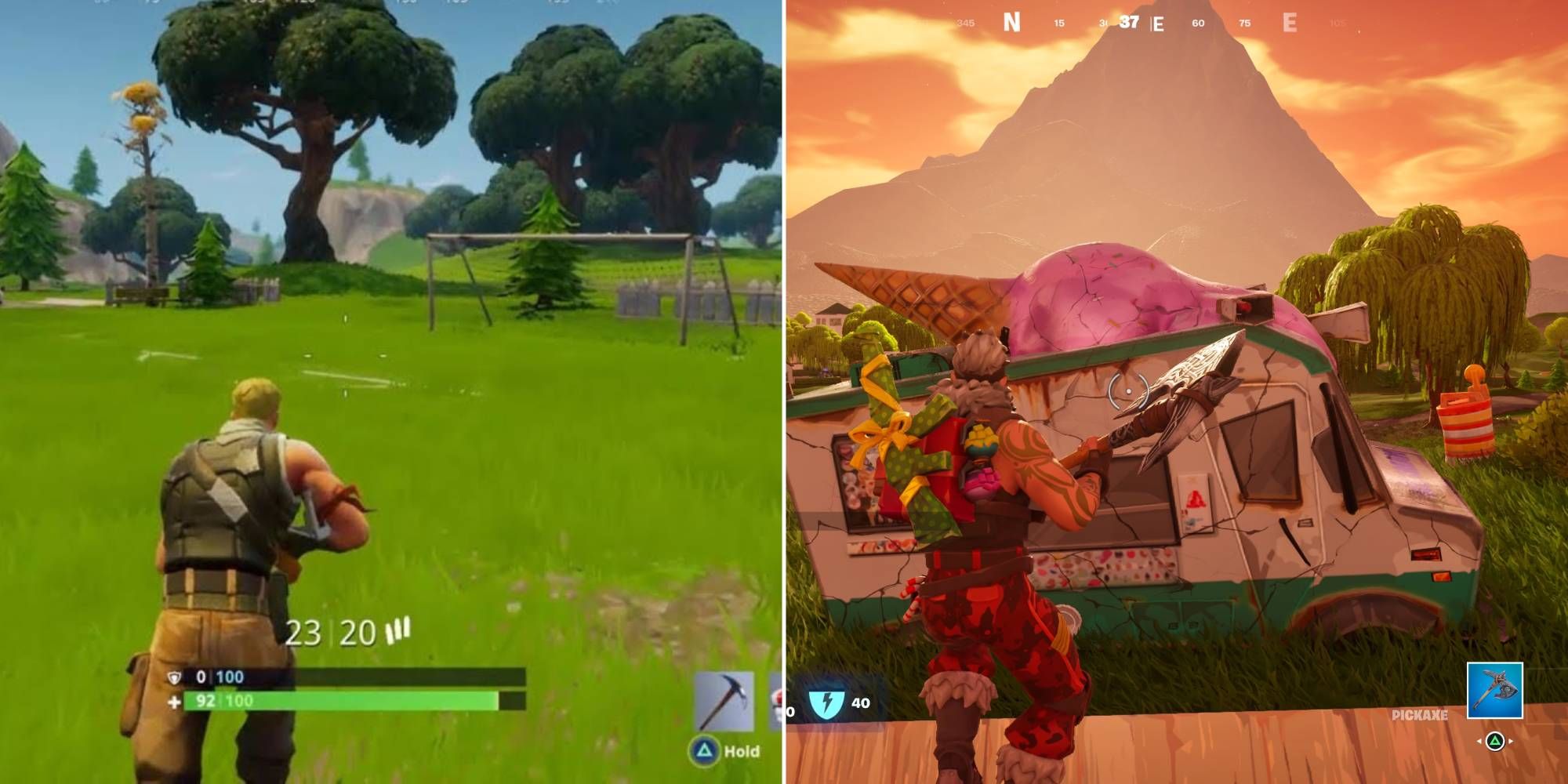 A comparison of a player in Fortnite for PS4 in 2017 and for PS5 in 2023.