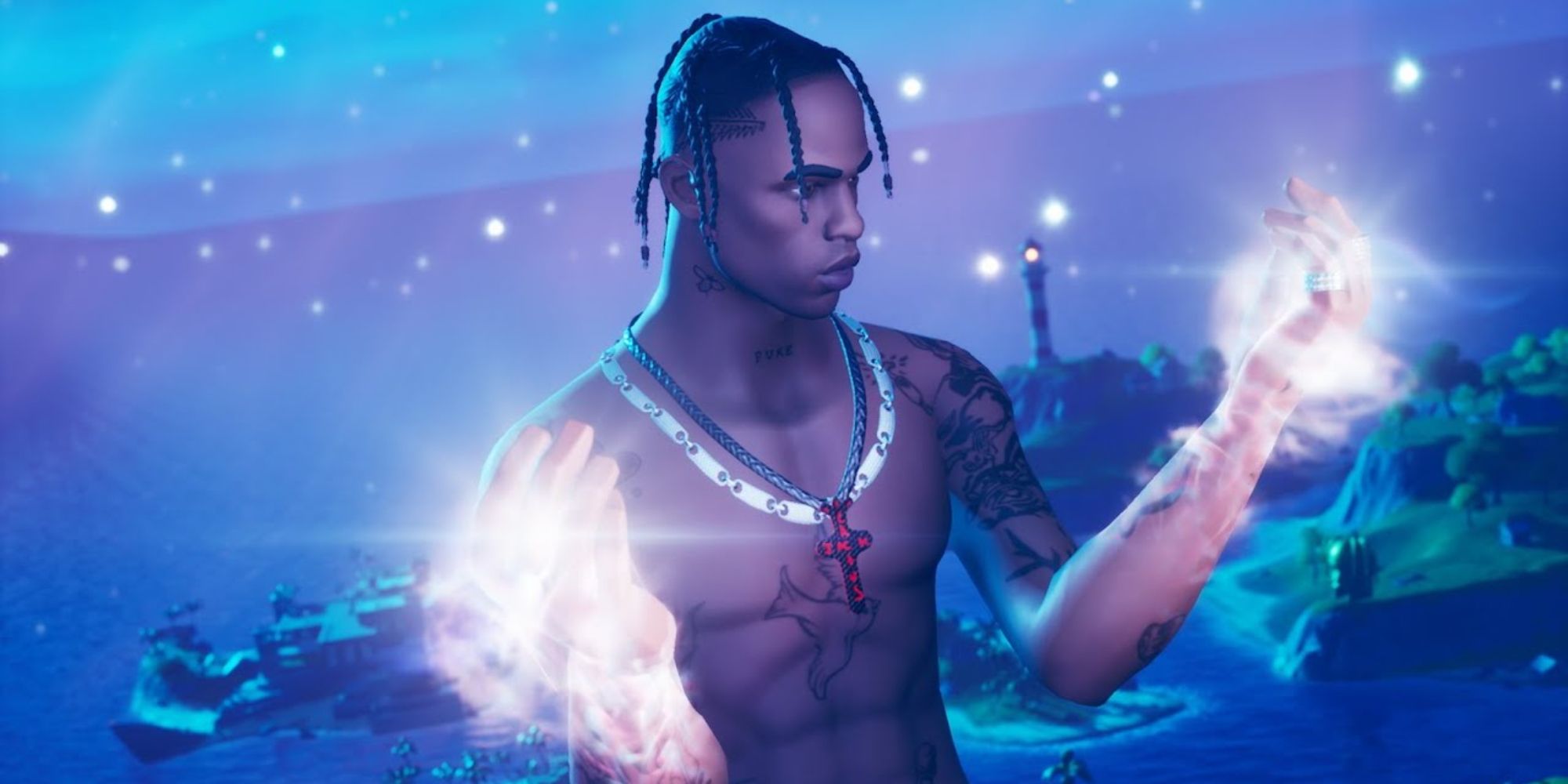 Fortnite Travis Scott collaboration image. This skin features a shirtless costumed rapper.