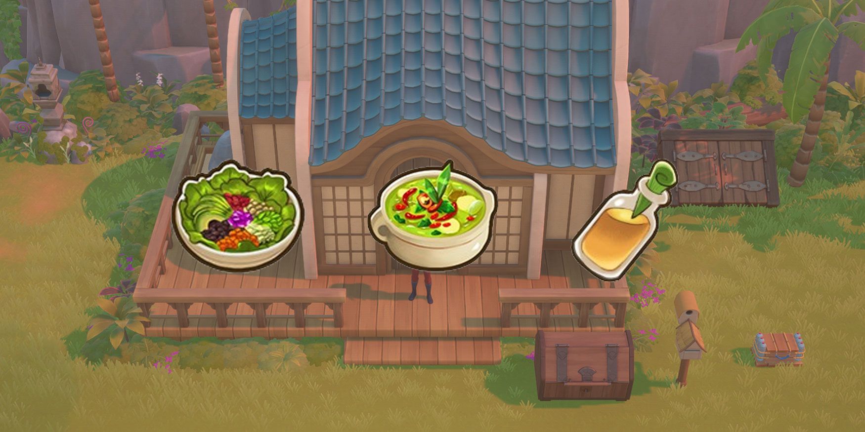 The icons for Fresh Salad, Green Curry and Jamu overlapped over the farm in Coral Island