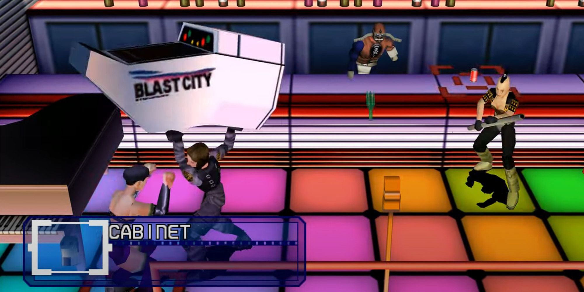 Dynamite Cop - Jean Ivy throwing an arcade machine at an enemy