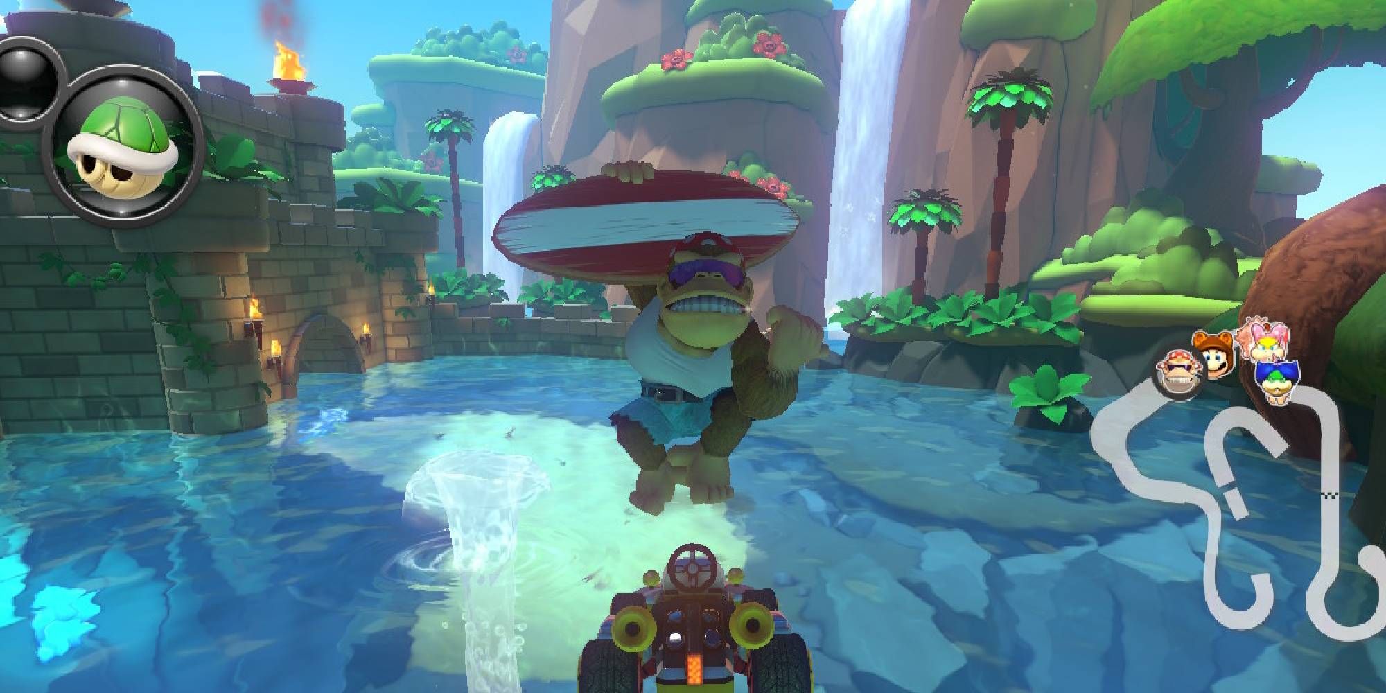 funky kong tricking over underwater section in yoshis island mario kart 8 deluxe