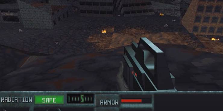 The player holds a rifle over a dystopian landscape